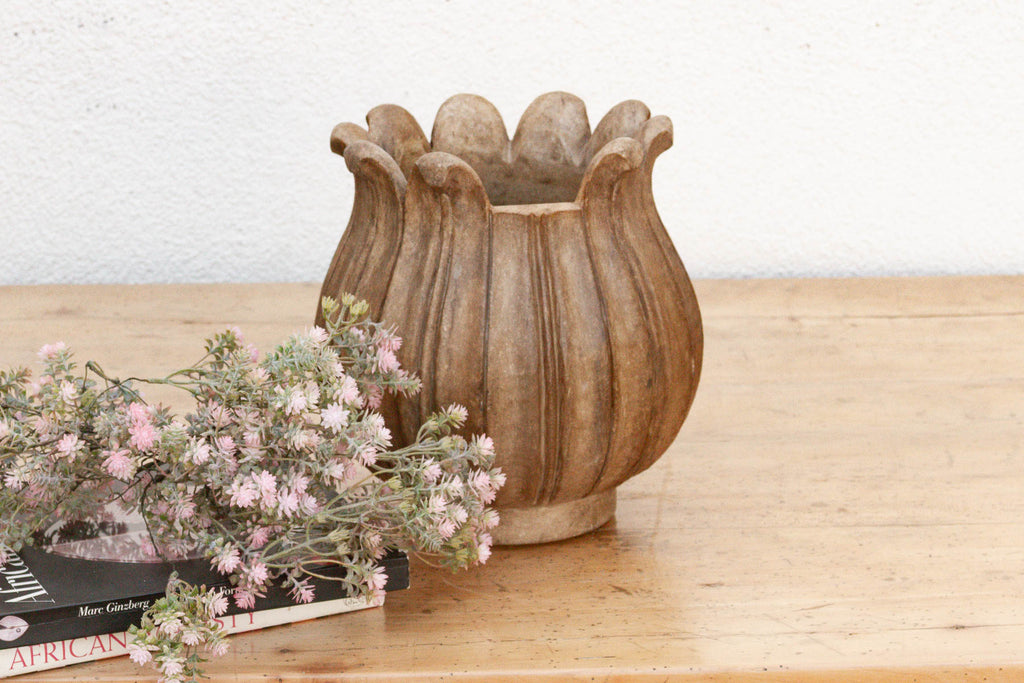 Large Carved Brown Marble Lotus Bowl