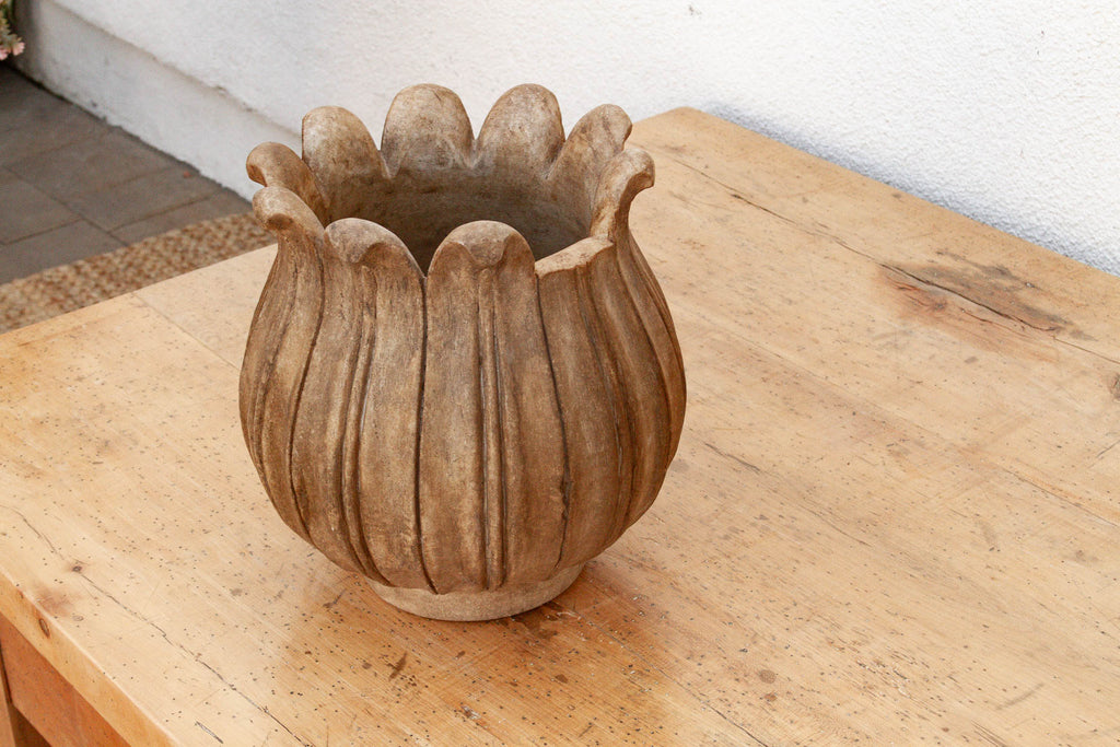 Large Carved Brown Marble Lotus Bowl