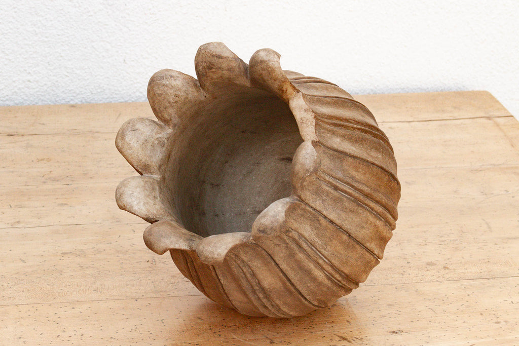Large Carved Brown Marble Lotus Bowl