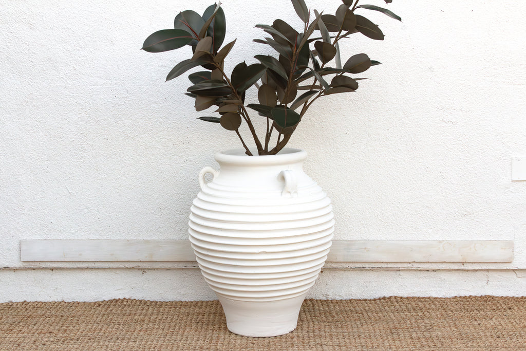 Stately Tall White Ribbed Greek Urn
