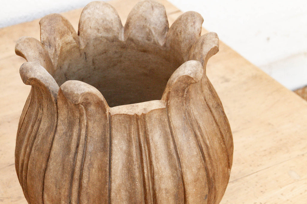 Large Carved Brown Marble Lotus Bowl