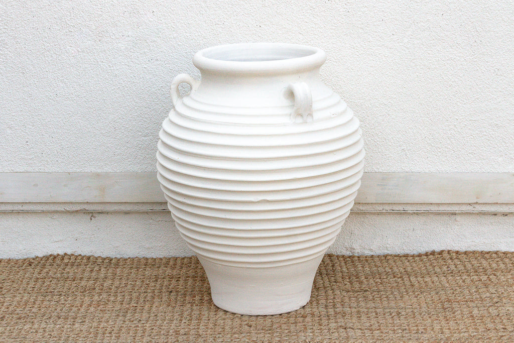 Stately Tall White Ribbed Greek Urn