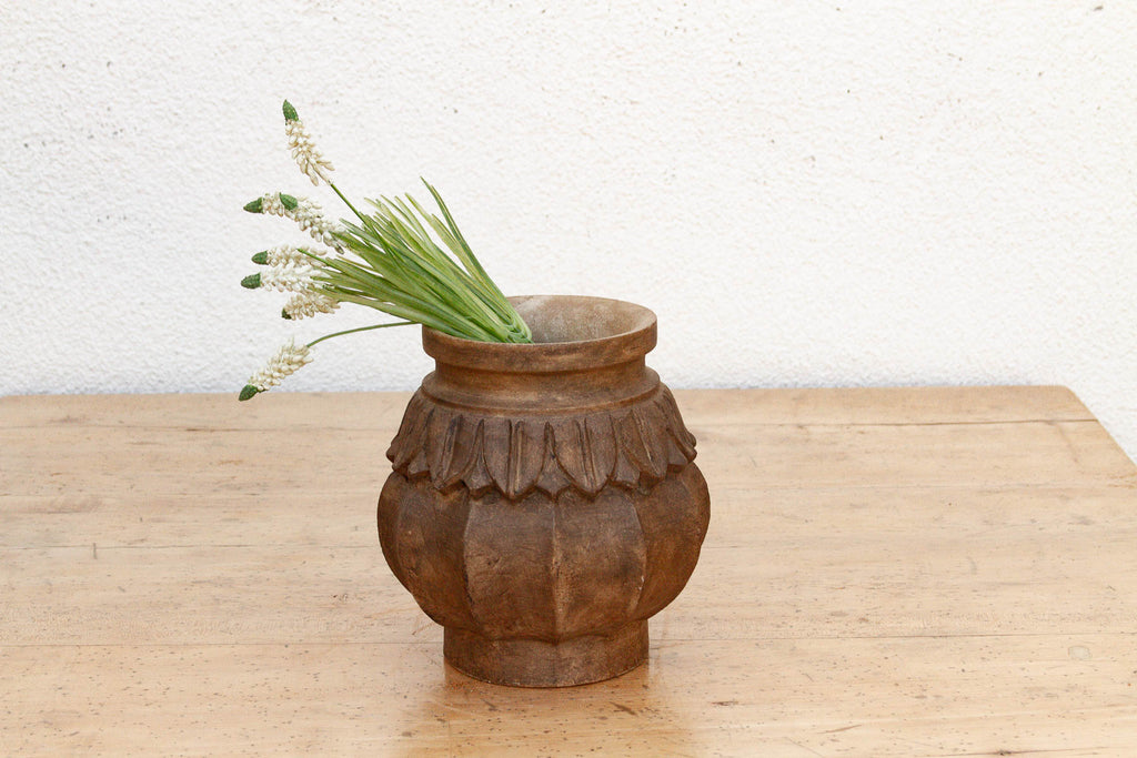 Deep Brown Carved Bulbous Marble Vase