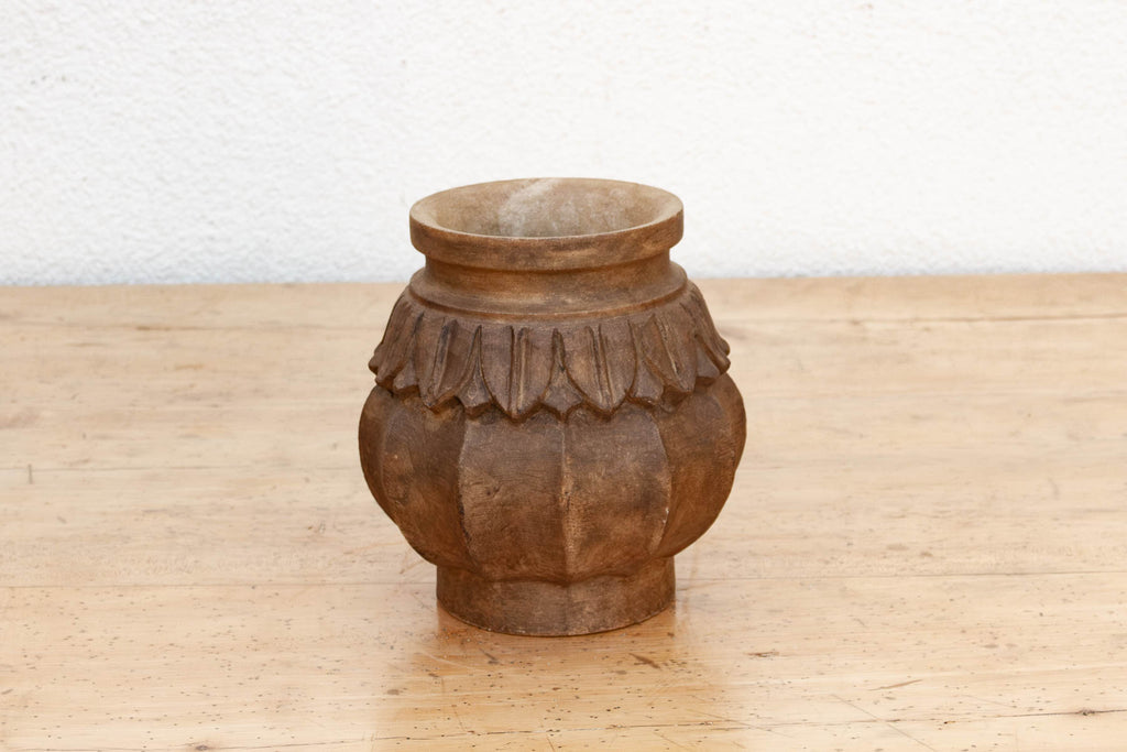 Deep Brown Carved Bulbous Marble Vase