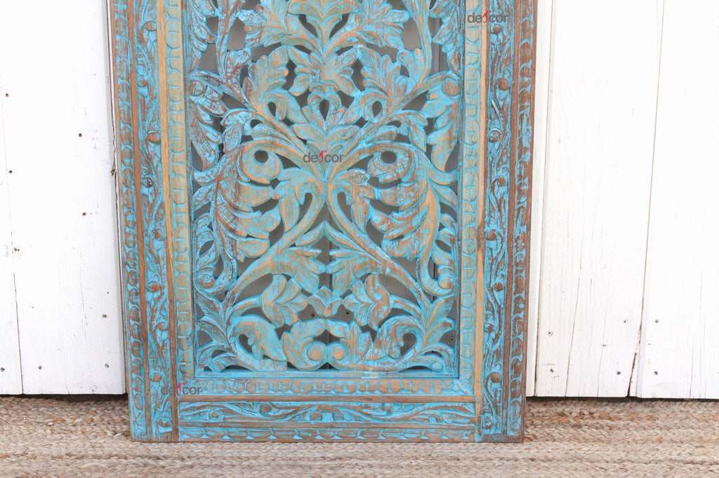 Finely Carved Blue Mughal Wood Jali Door