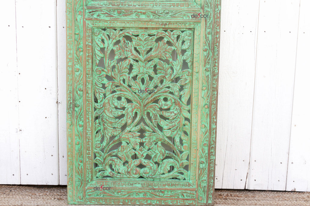 Carved Wood Indian Green Mughal Jali Door (Trade)