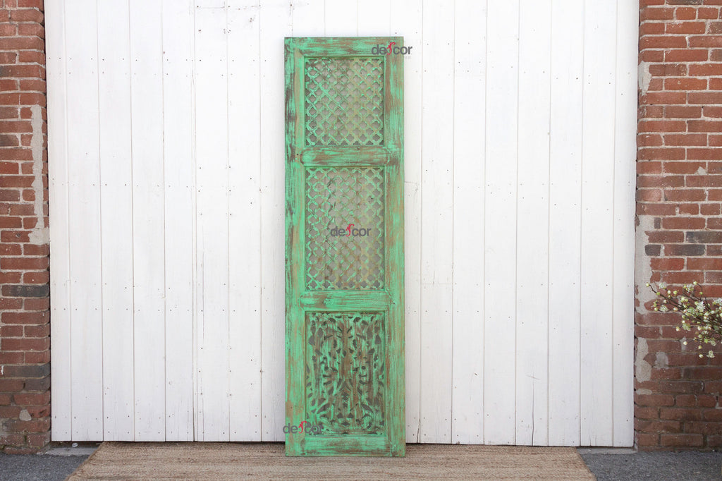 Carved Wood Indian Green Mughal Jali Door