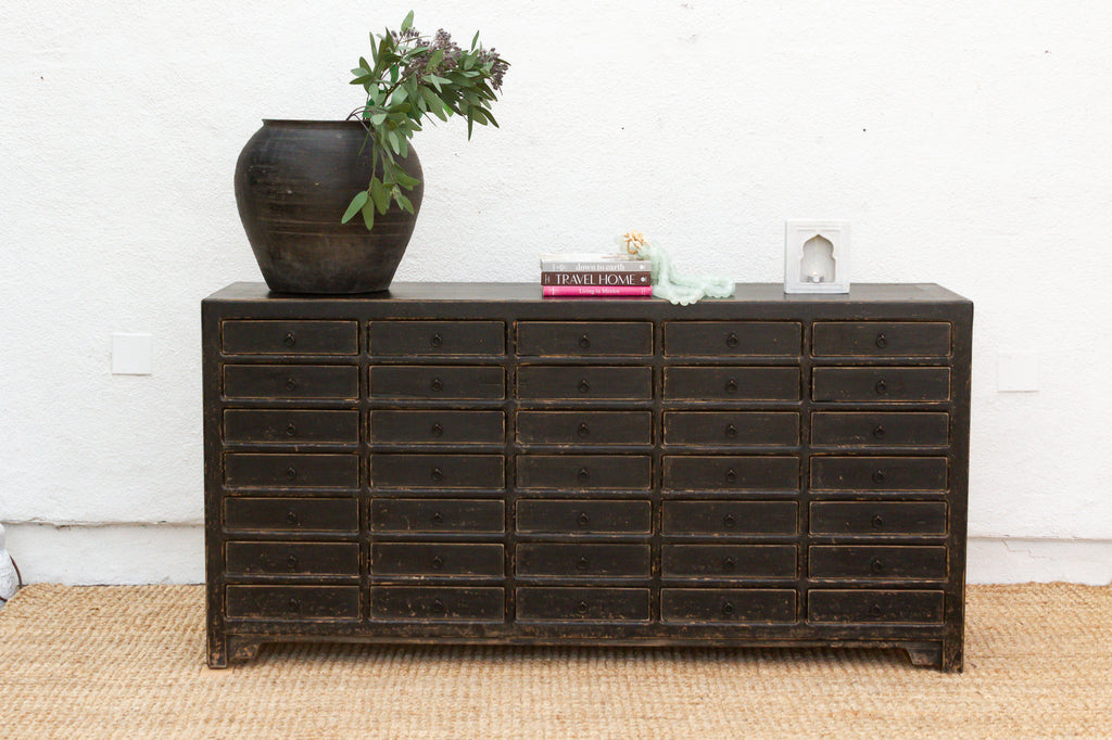 Long Painted Black 35-Drawer Apothecary Dresser