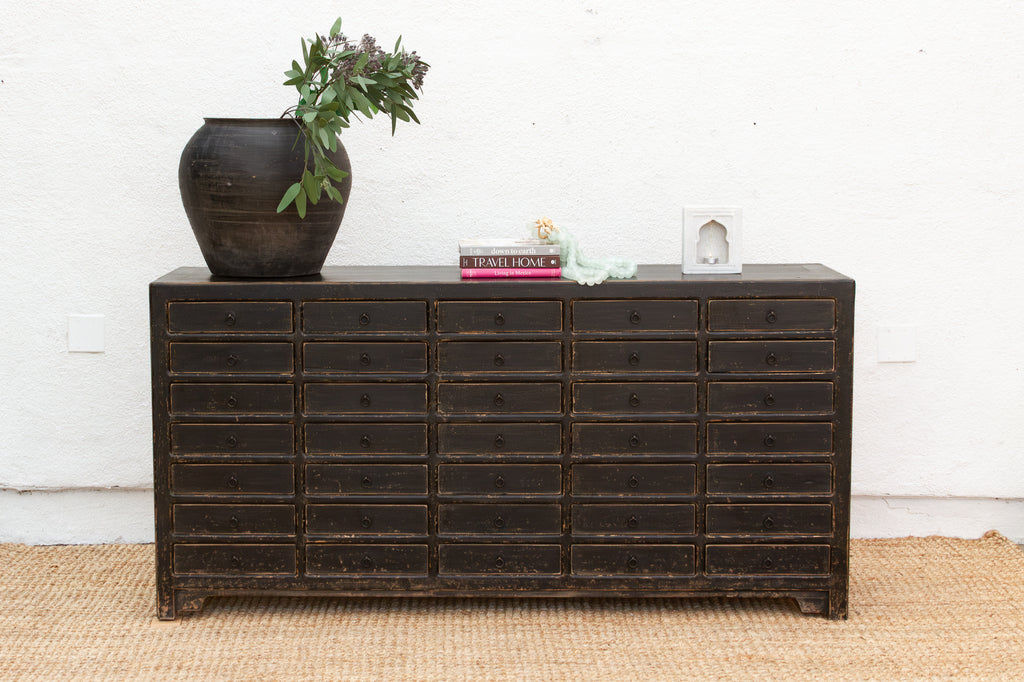 Long Painted Black 35-Drawer Apothecary Dresser