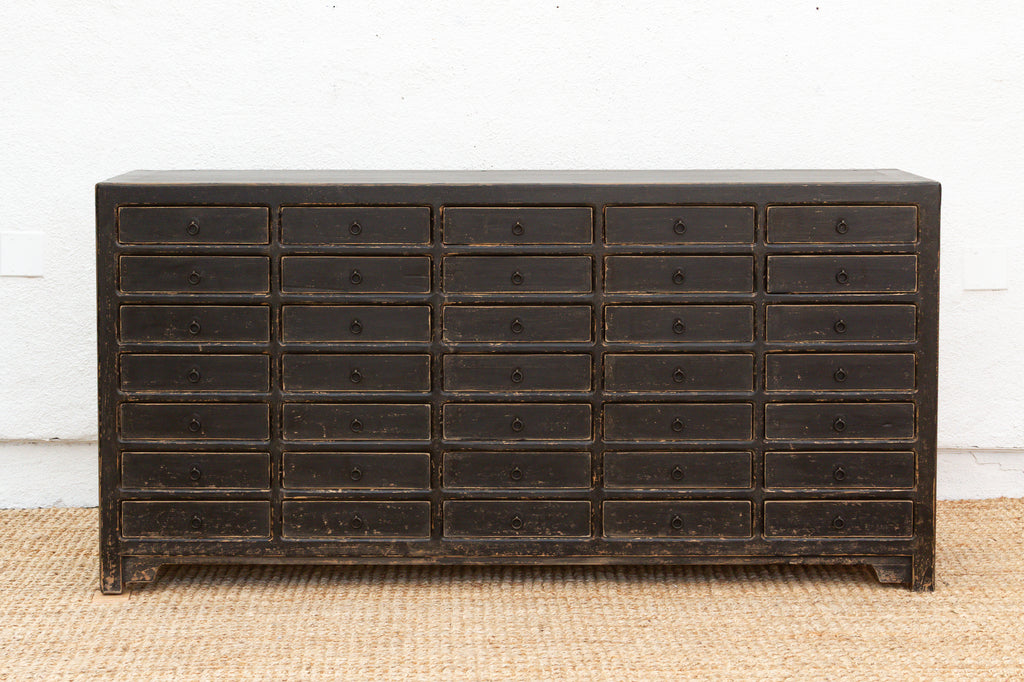 Long Painted Black 35-Drawer Apothecary Dresser