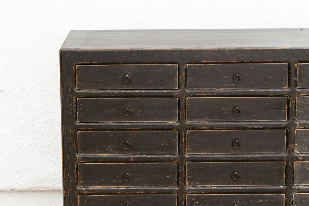 Long Painted Black 35-Drawer Apothecary Dresser