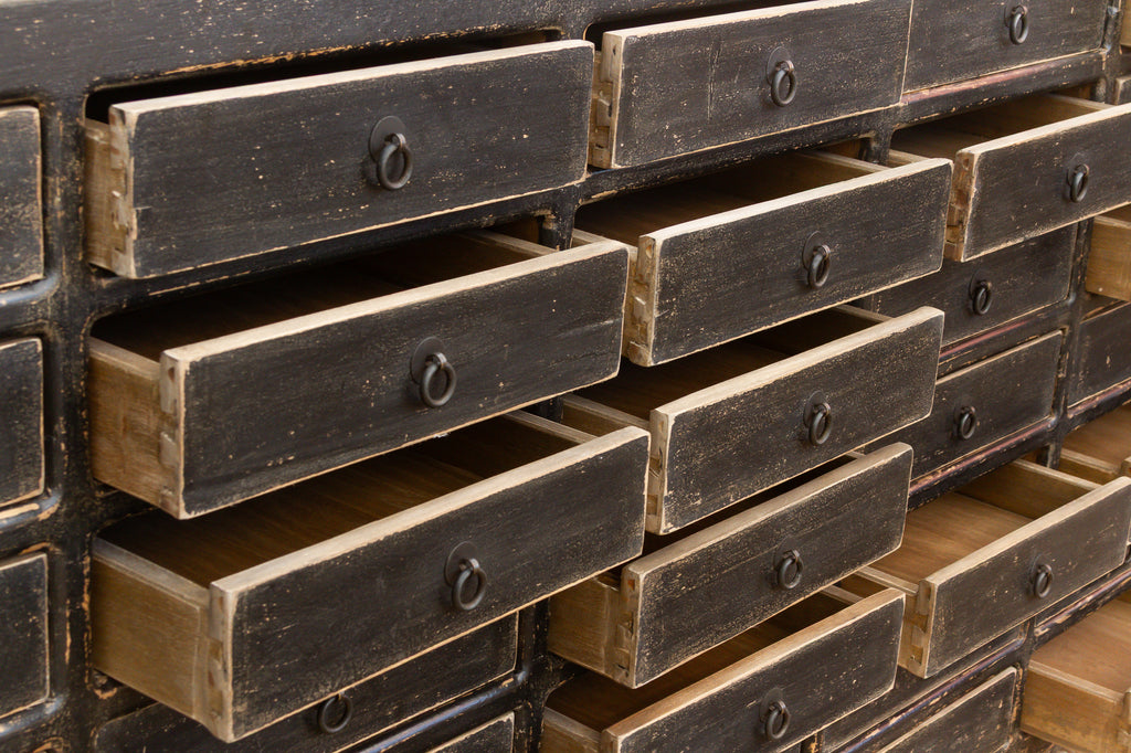 Long Painted Black 35-Drawer Apothecary Dresser