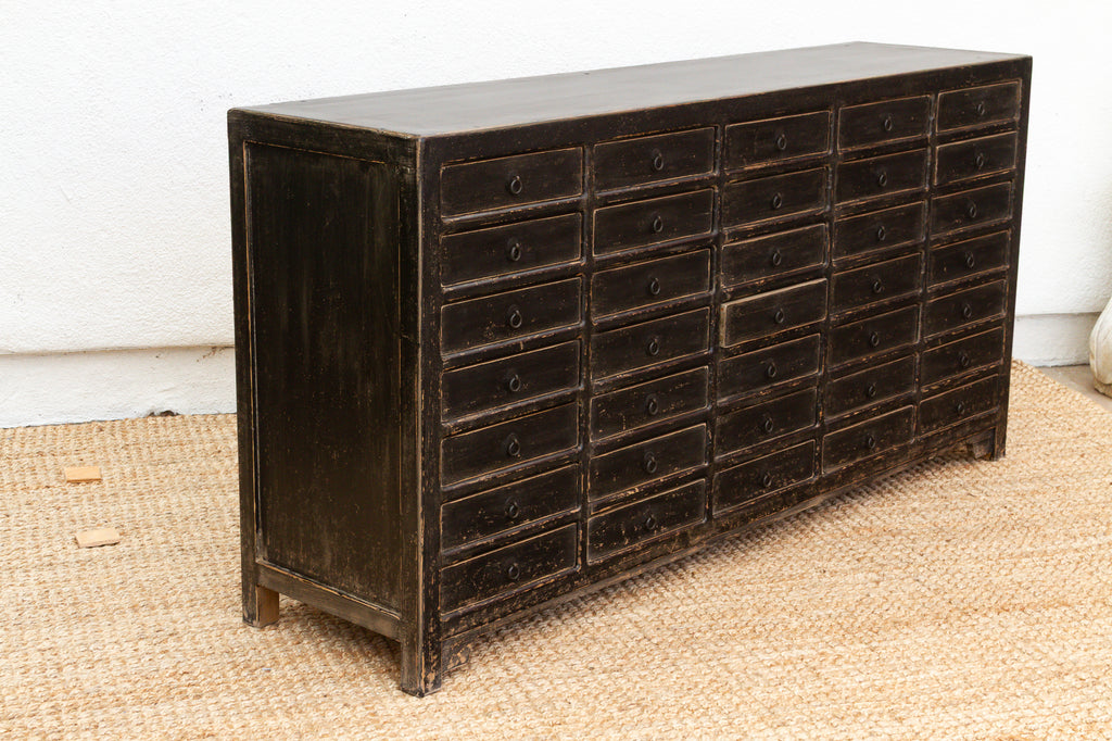 Long Painted Black 35-Drawer Apothecary Dresser