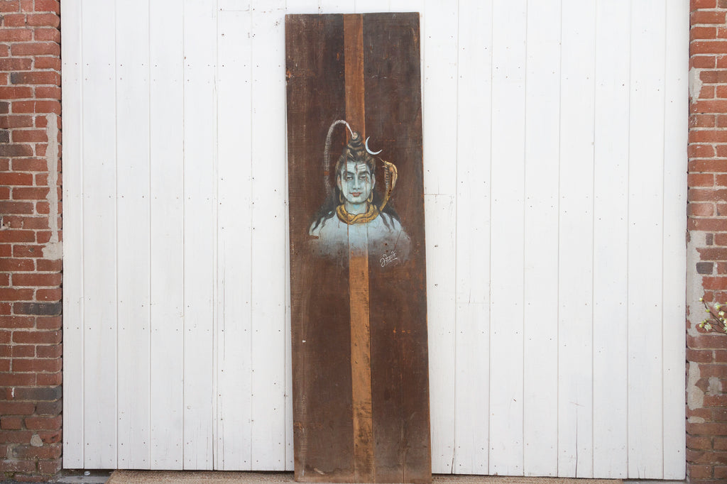 Tall Antique Painted Shiva Wood Panel