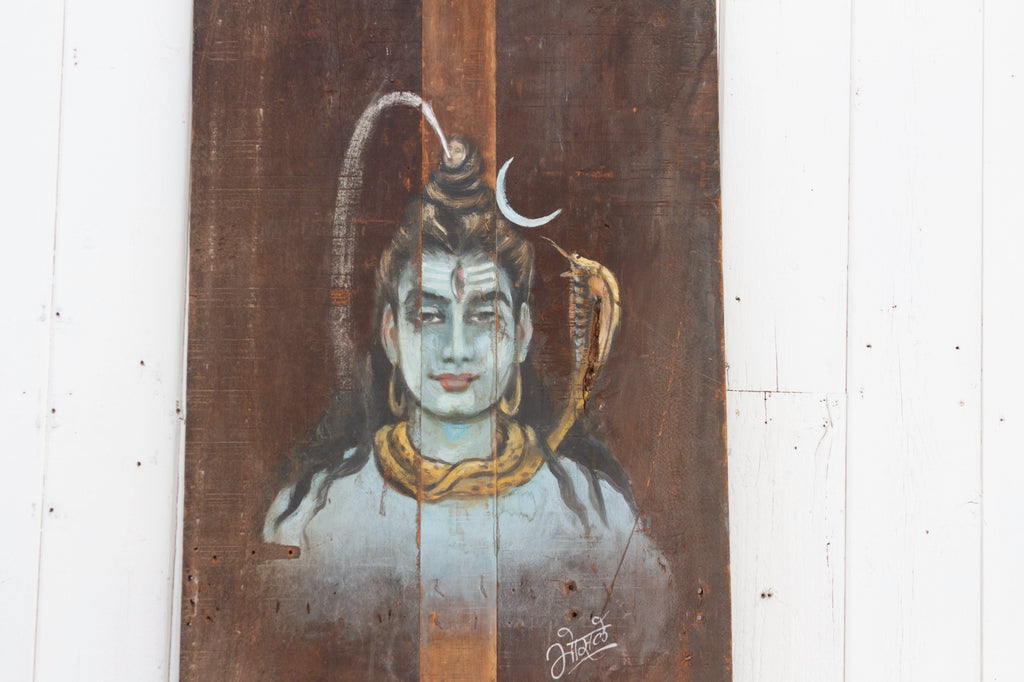 Tall Antique Painted Shiva Wood Panel