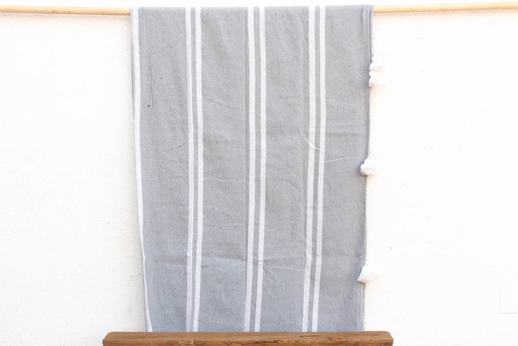 Dove Grey Striped Moroccan Pom Pom Blanket