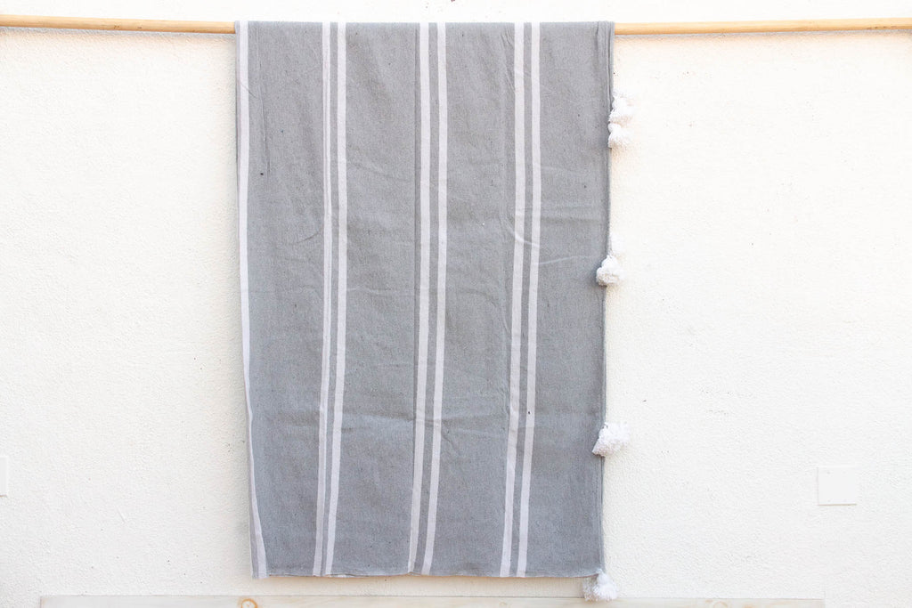 Dove Grey Striped Moroccan Pom Pom Blanket