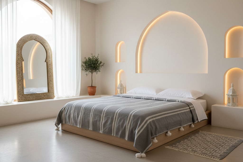 Dove Grey Striped Moroccan Pom Pom Blanket