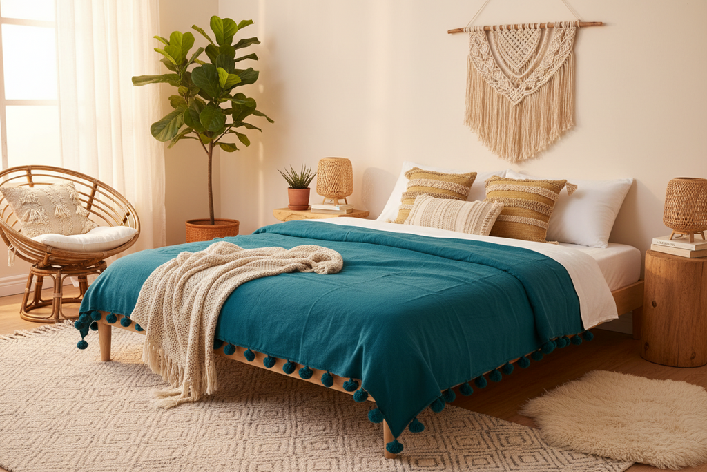 Peacock Blue Moroccan Pom Pom Blanket (Trade)