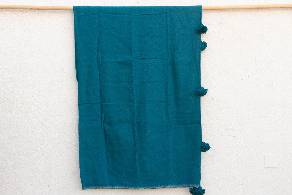 Peacock Blue Moroccan Pom Pom Blanket (Trade)