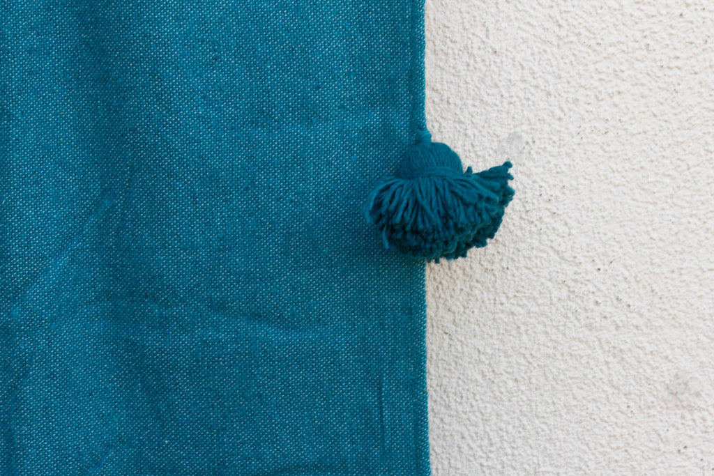 Peacock Blue Moroccan Pom Pom Blanket (Trade)