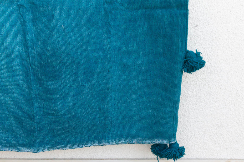 Peacock Blue Moroccan Pom Pom Blanket (Trade)