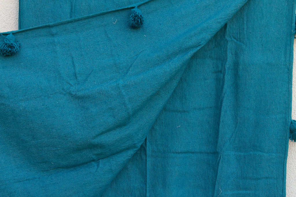 Peacock Blue Moroccan Pom Pom Blanket (Trade)