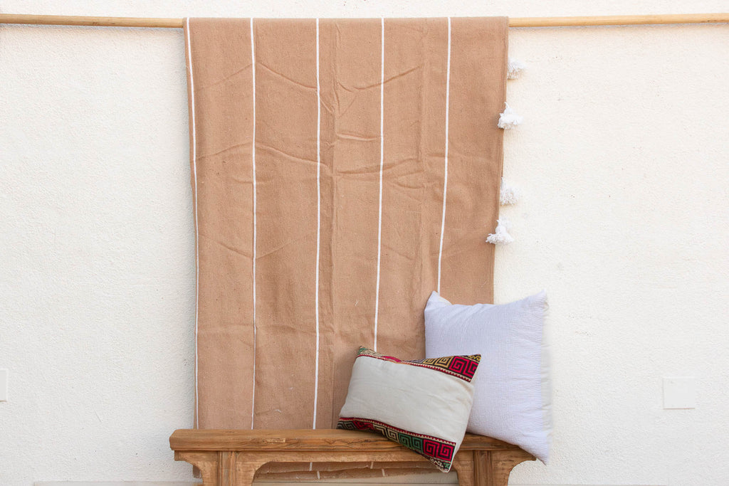 Desert Sand Striped Moroccan Pom Pom Blanket