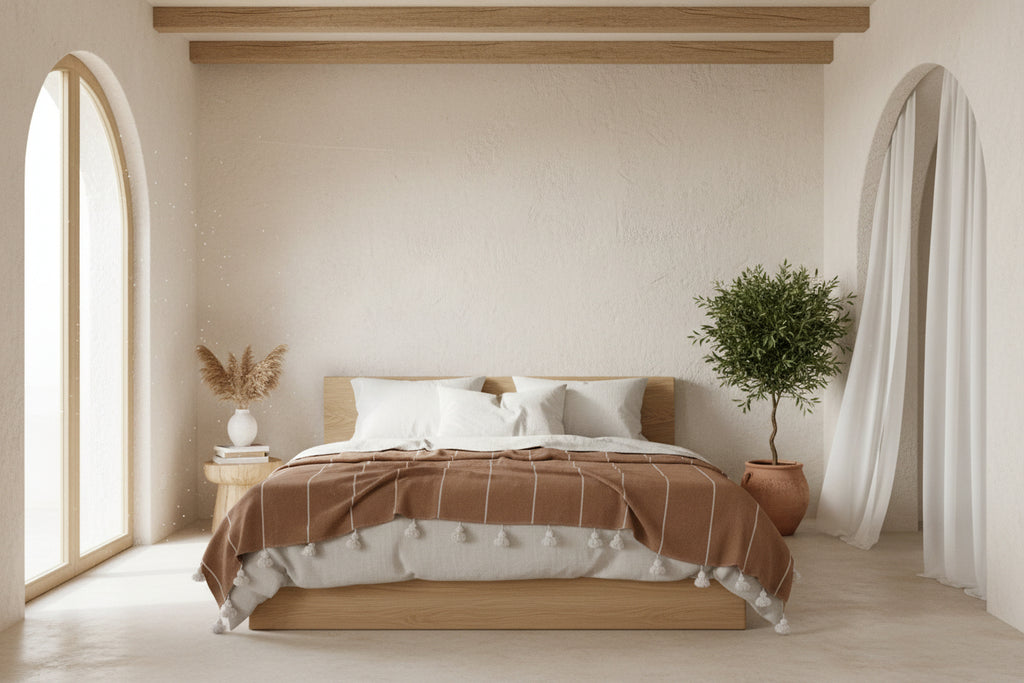 Desert Sand Striped Moroccan Pom Pom Blanket