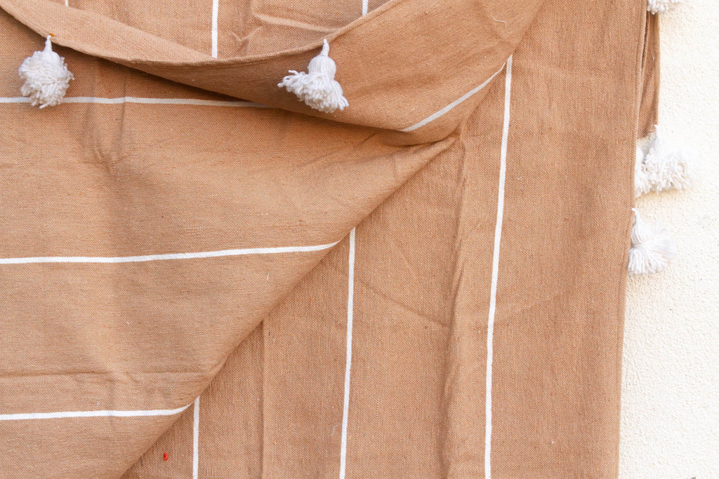 Desert Sand Striped Moroccan Pom Pom Blanket