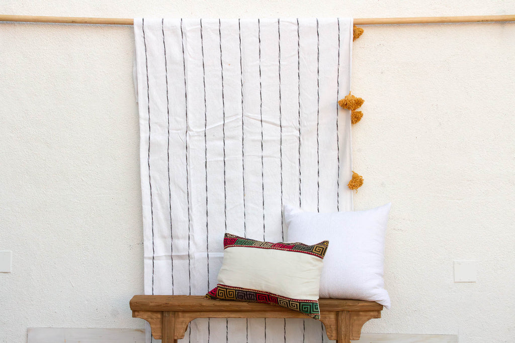 White & Black Pinstripes Moroccan Pom Pom Blanket (Trade)