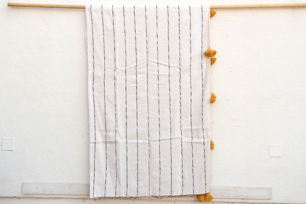 White & Black Pinstripes Moroccan Pom Pom Blanket (Trade)