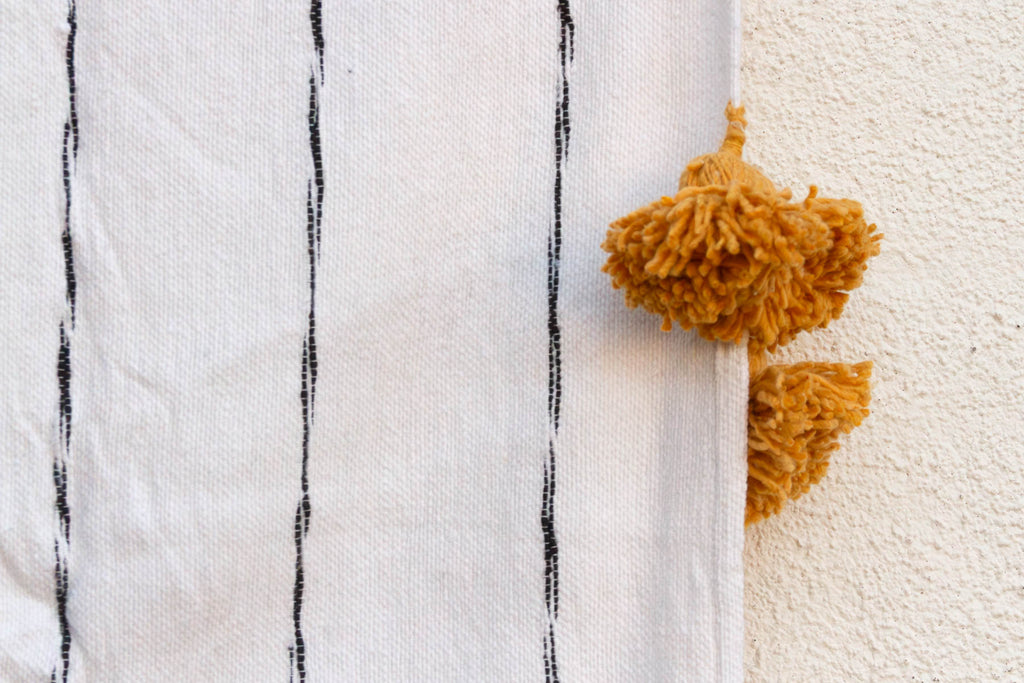 White & Black Pinstripes Moroccan Pom Pom Blanket (Trade)