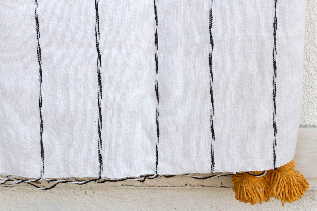 White & Black Pinstripes Moroccan Pom Pom Blanket (Trade)