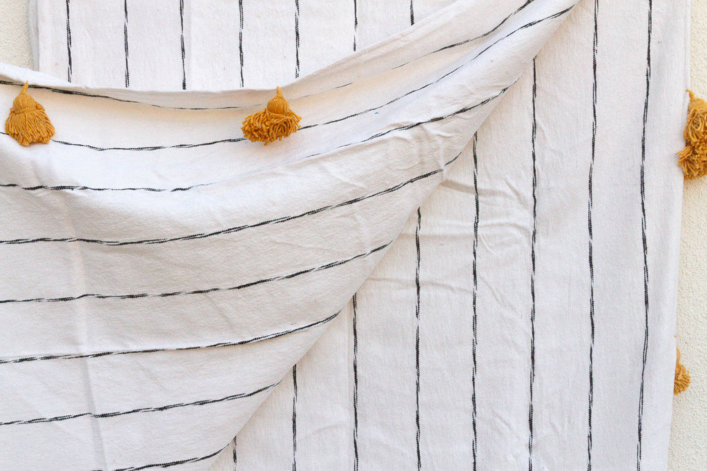White & Black Pinstripes Moroccan Pom Pom Blanket (Trade)