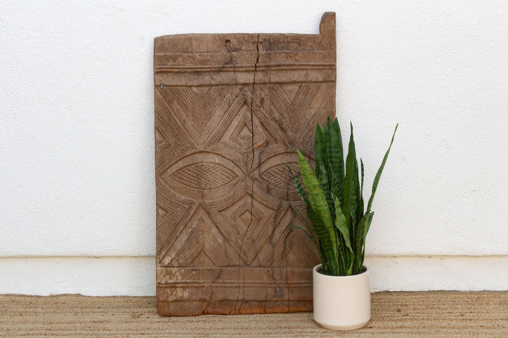 Antique Bleached Wood Solar Eye Carved Igbo Door