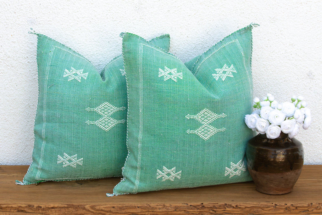 Pair of Aqua & White Cactus Silk Moroccan Pillows