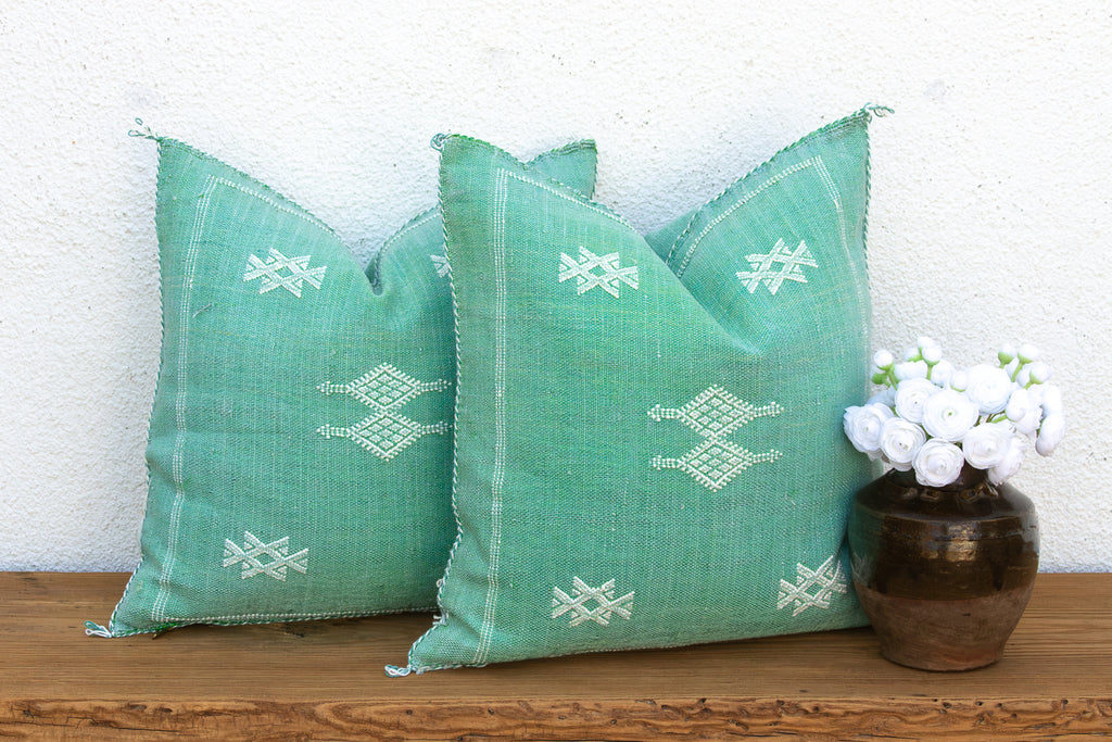 Pair of Aqua & White Cactus Silk Moroccan Pillows