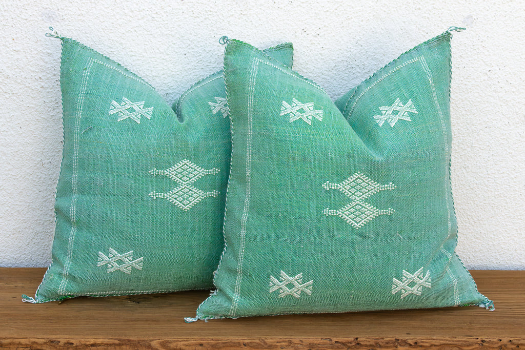Pair of Aqua & White Cactus Silk Moroccan Pillows
