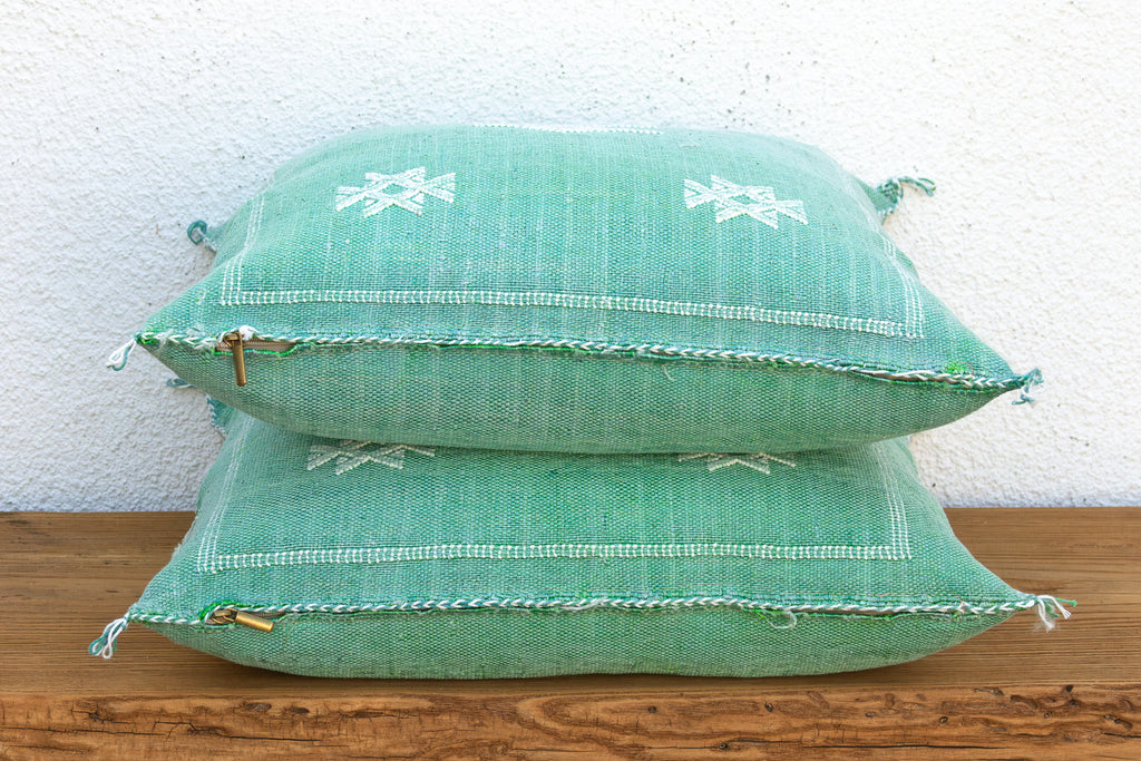 Pair of Aqua & White Cactus Silk Moroccan Pillows