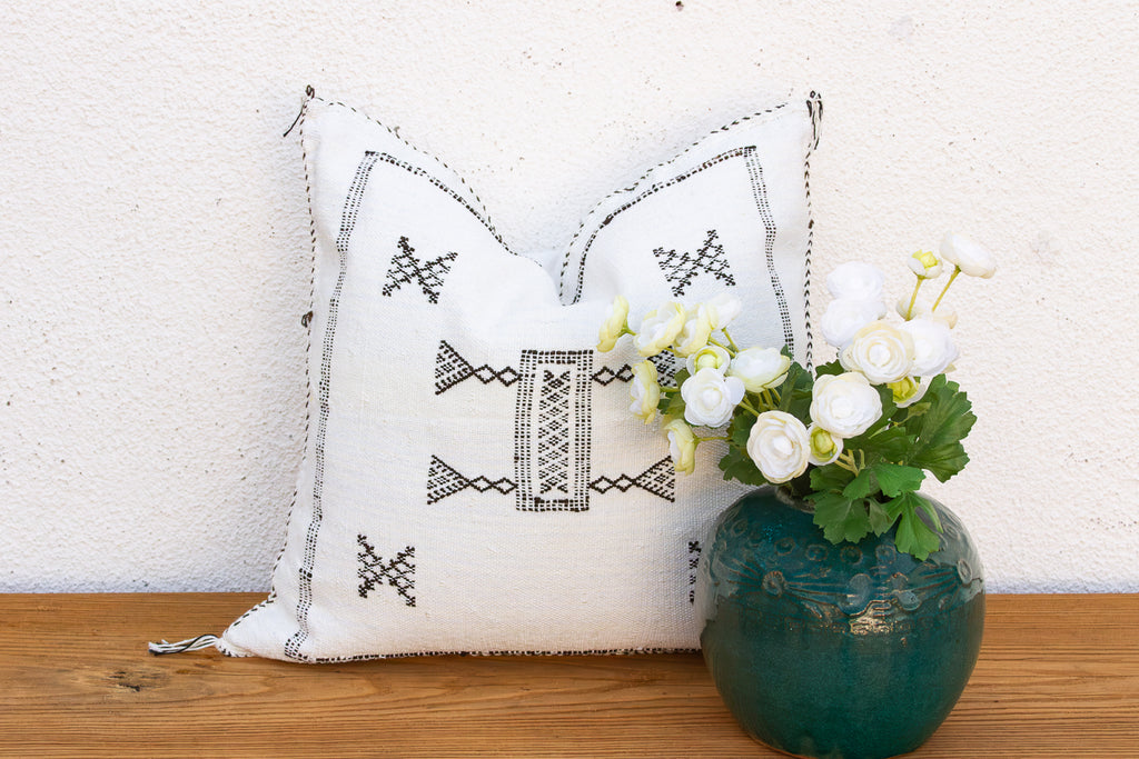 White & Charcoal Cactus Silk Moroccan Pillow