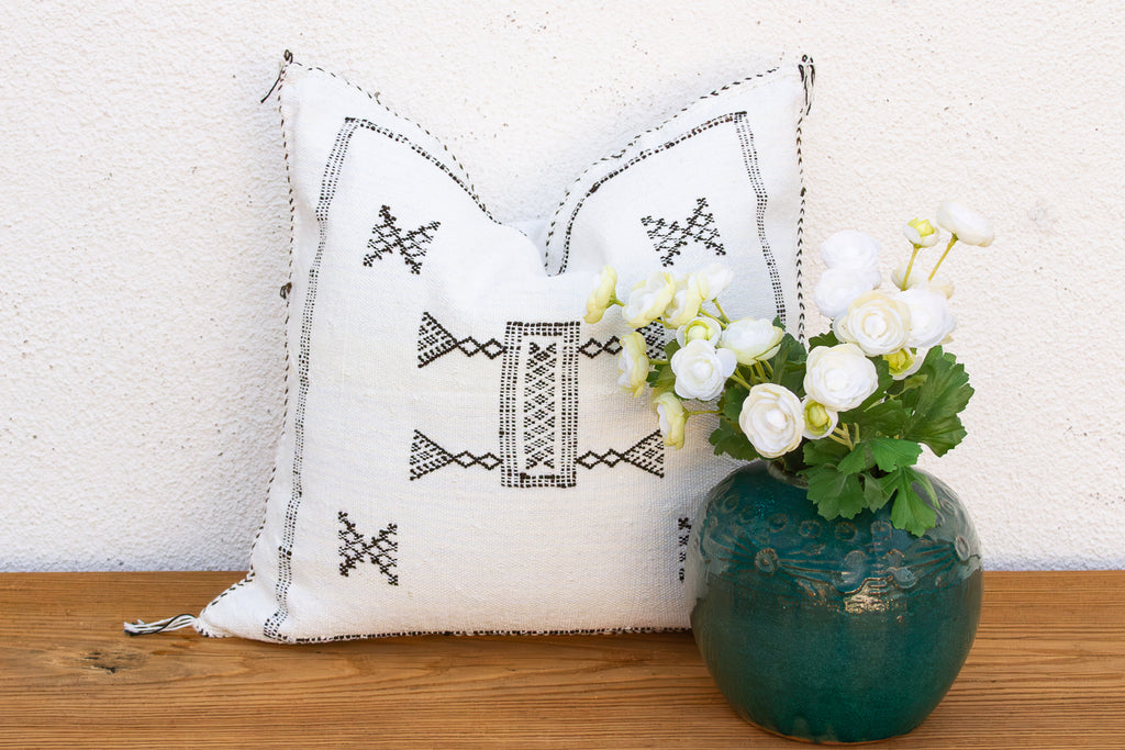 White & Charcoal Cactus Silk Moroccan Pillow