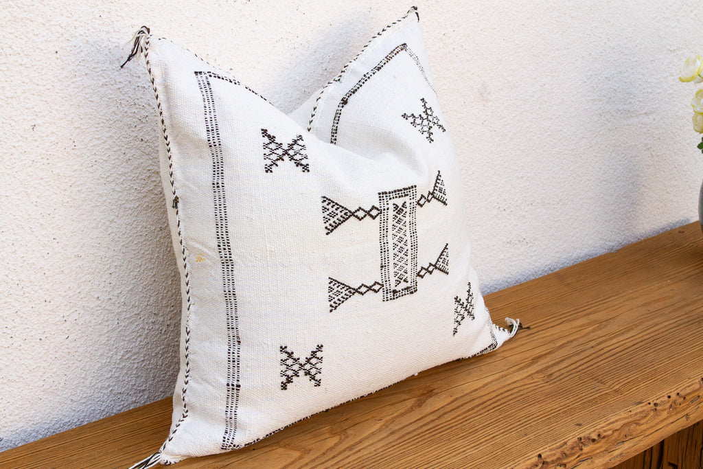 White & Charcoal Cactus Silk Moroccan Pillow
