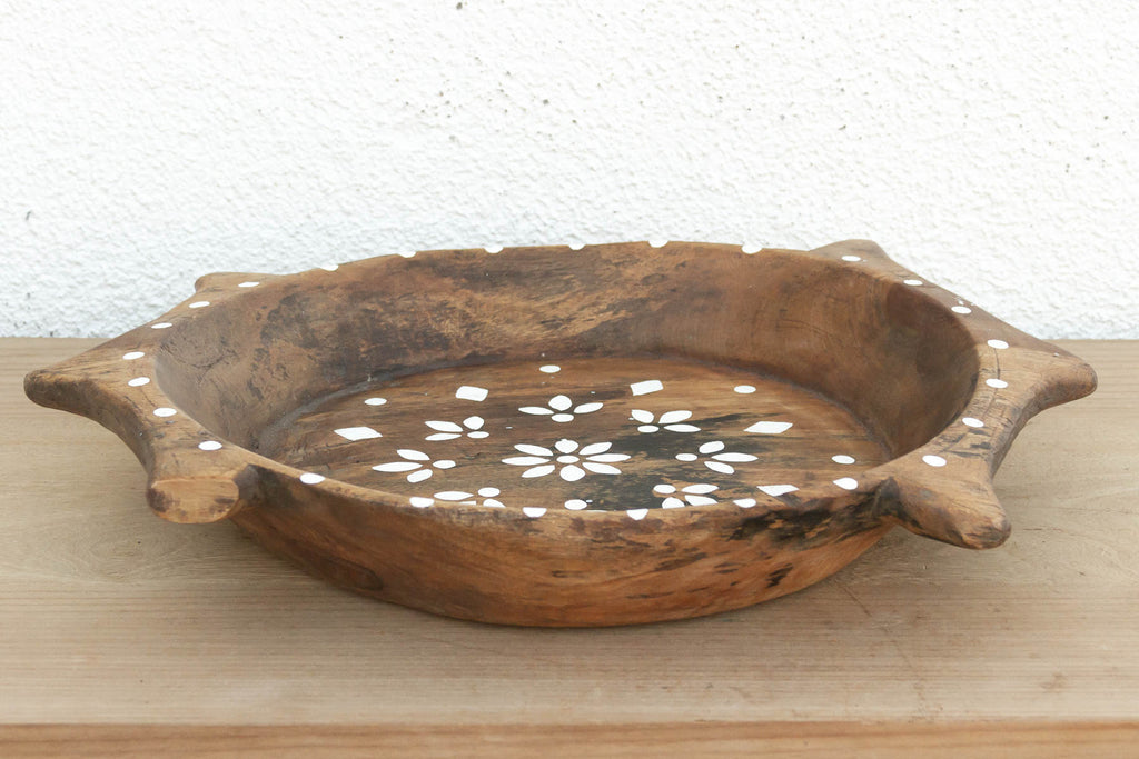 Rustic Wood Artisanal Bowl w/Floral Design