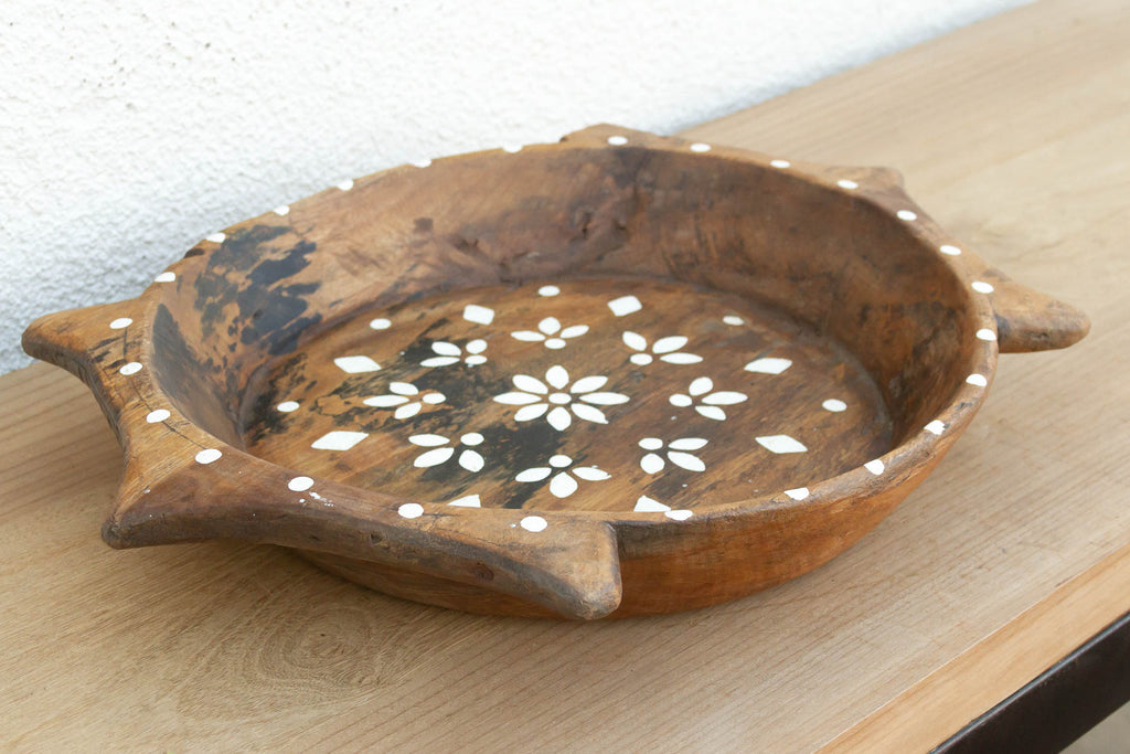 Rustic Wood Artisanal Bowl w/Floral Design