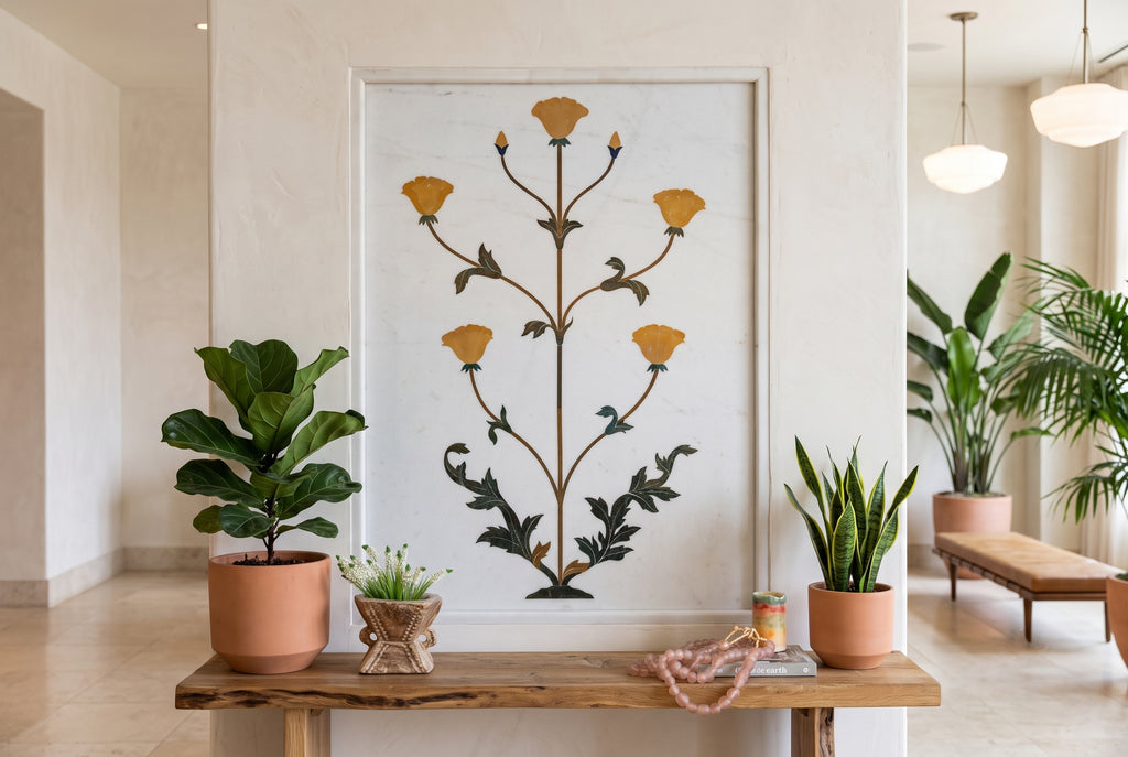 Large Marble & Gemstone Inlay Botanical Panel
