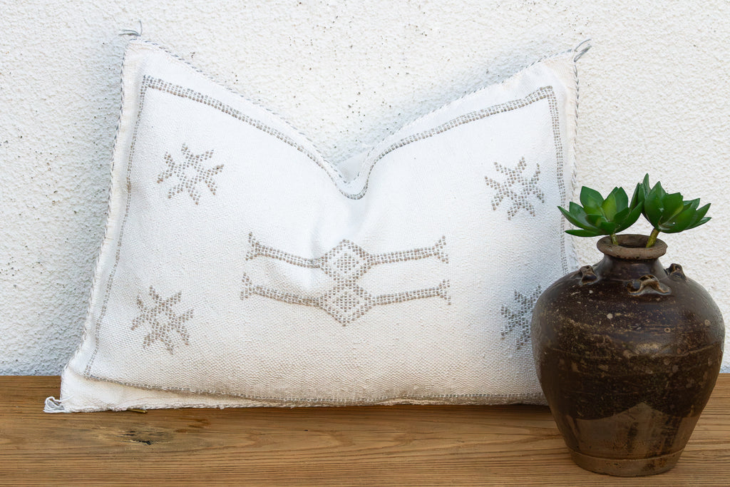 White & Charcoal Trellis Lumbar Moroccan Silk Pillow