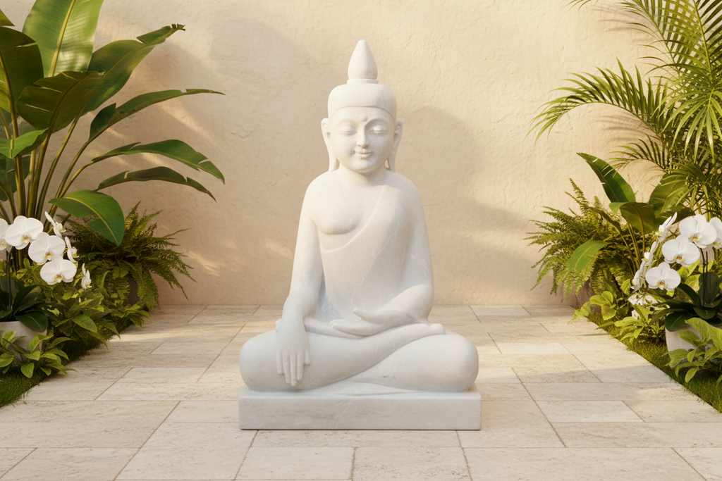 Stately White Marble Mediating Buddha