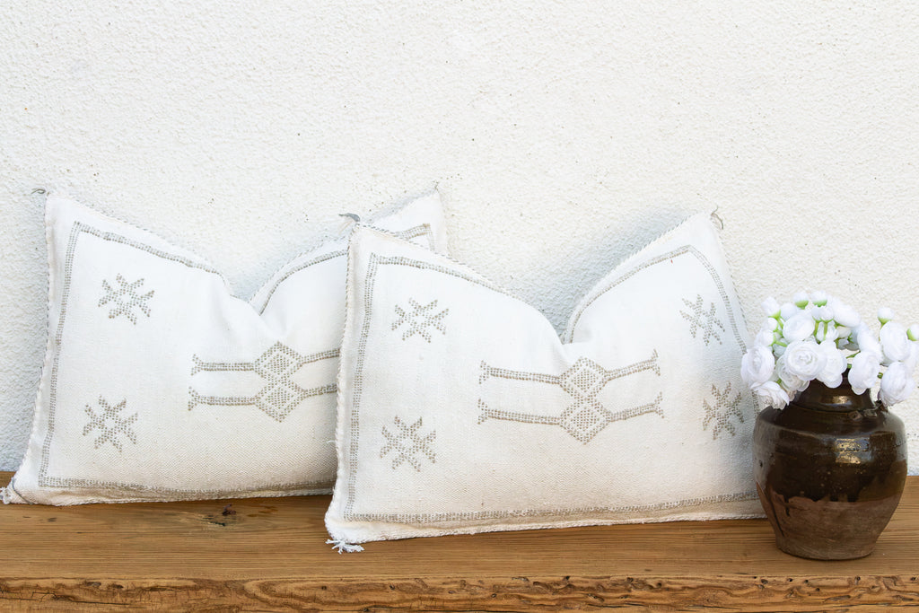 Pair of Frost Whtie Lumbar Moroccan Silk Pillows
