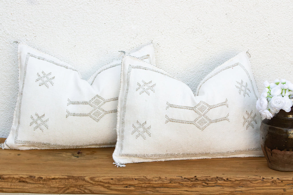 Pair of Frost Whtie Lumbar Moroccan Silk Pillows